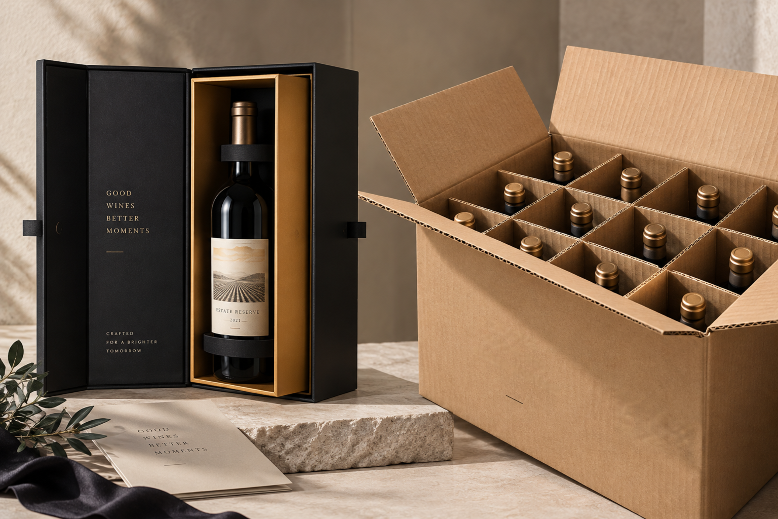 Wine box packaging by PT Print showing shipper and rigid presentation box structure