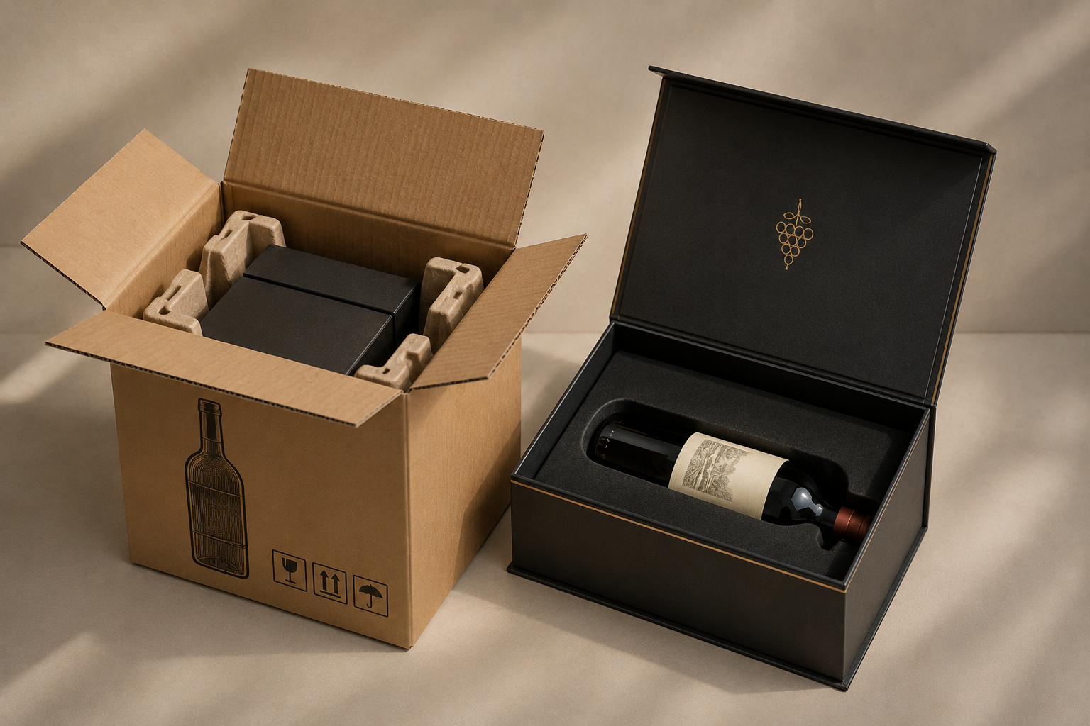 Wine box packaging by PT Print showing shipper and rigid presentation box structure