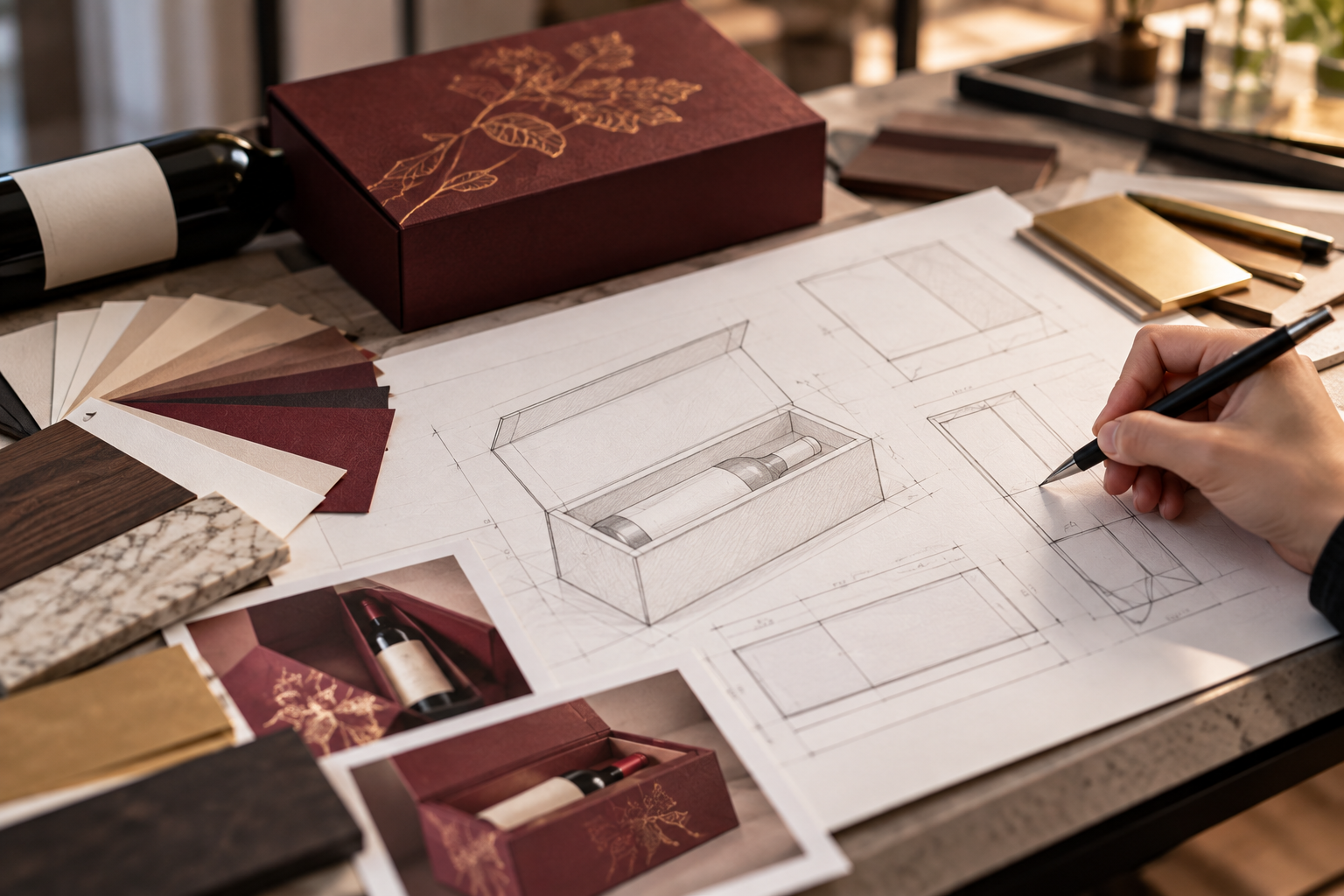 Step A: artwork laid over the dieline of a proven rigid box structure