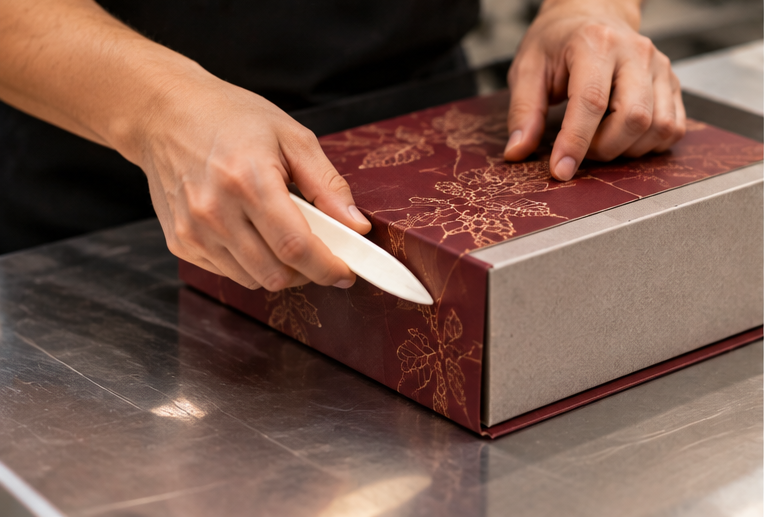 Printed paper being wrapped around rigid box board
