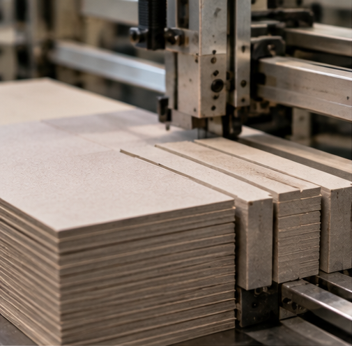 Chipboard being prepared for rigid box production