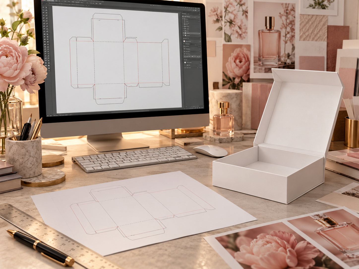 Step A: artwork laid over the dieline of a proven rigid box structure
