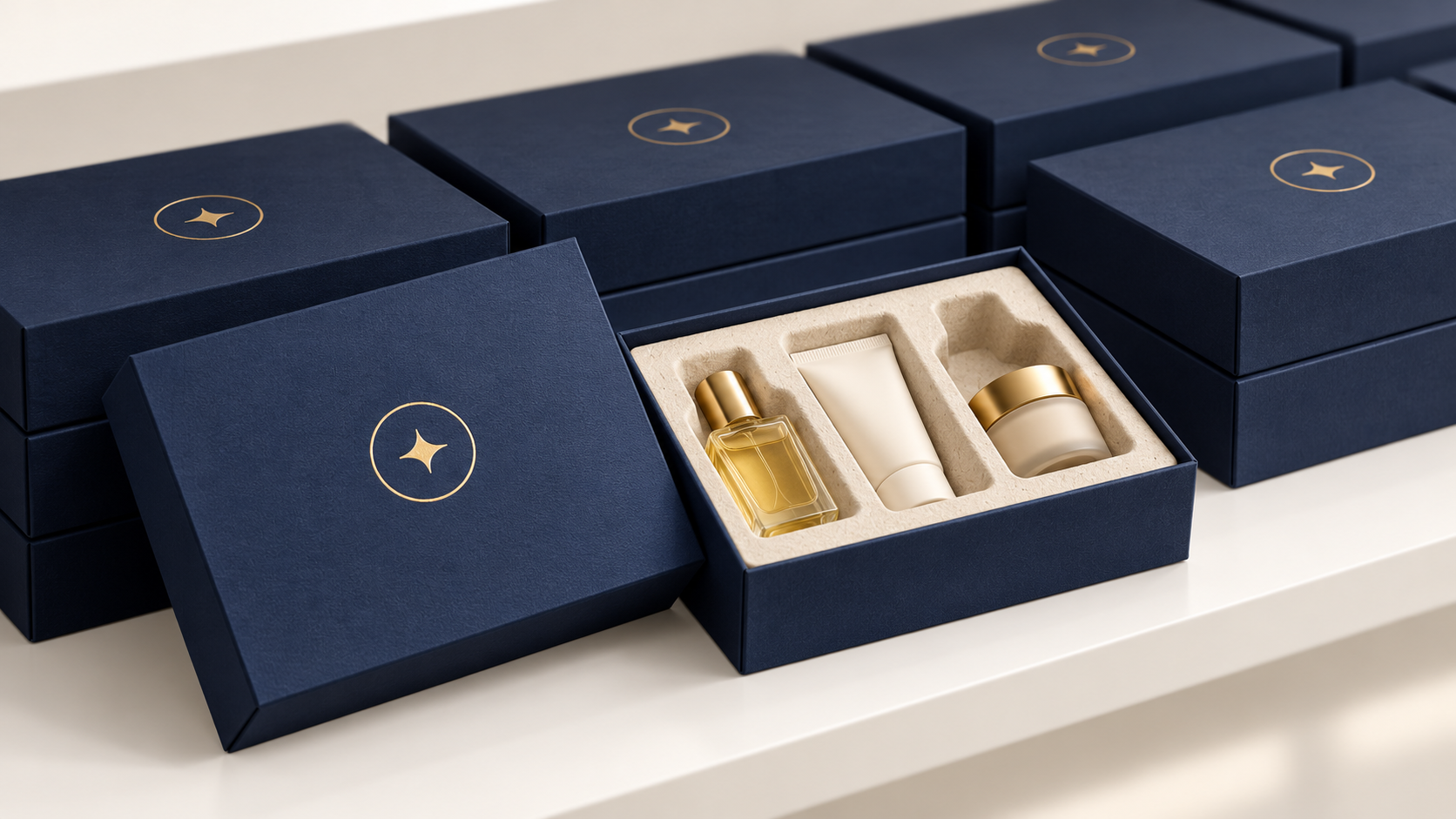 Rows of identical custom printed gift boxes showing consistency across a bulk run