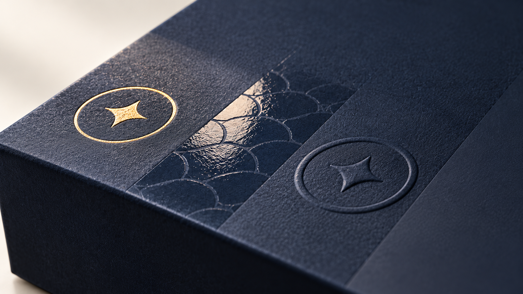 Foil stamping, spot UV, embossing and matt finish on a custom printed gift box
