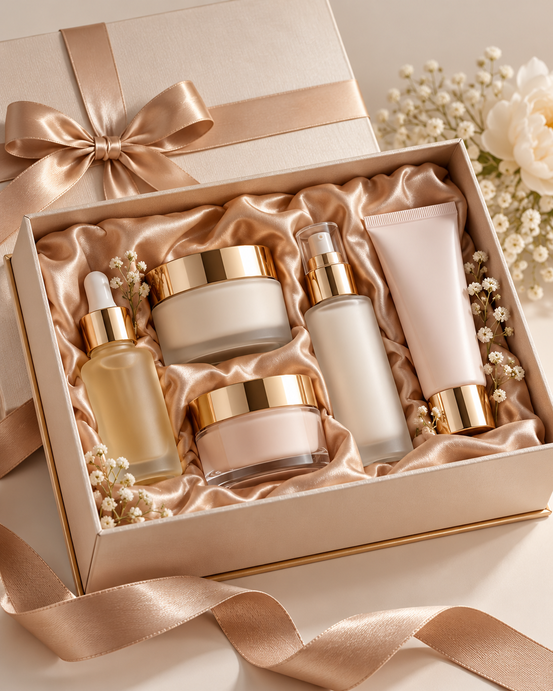 Custom printed rigid gift box for a skincare and beauty set with each product seated in its own tray