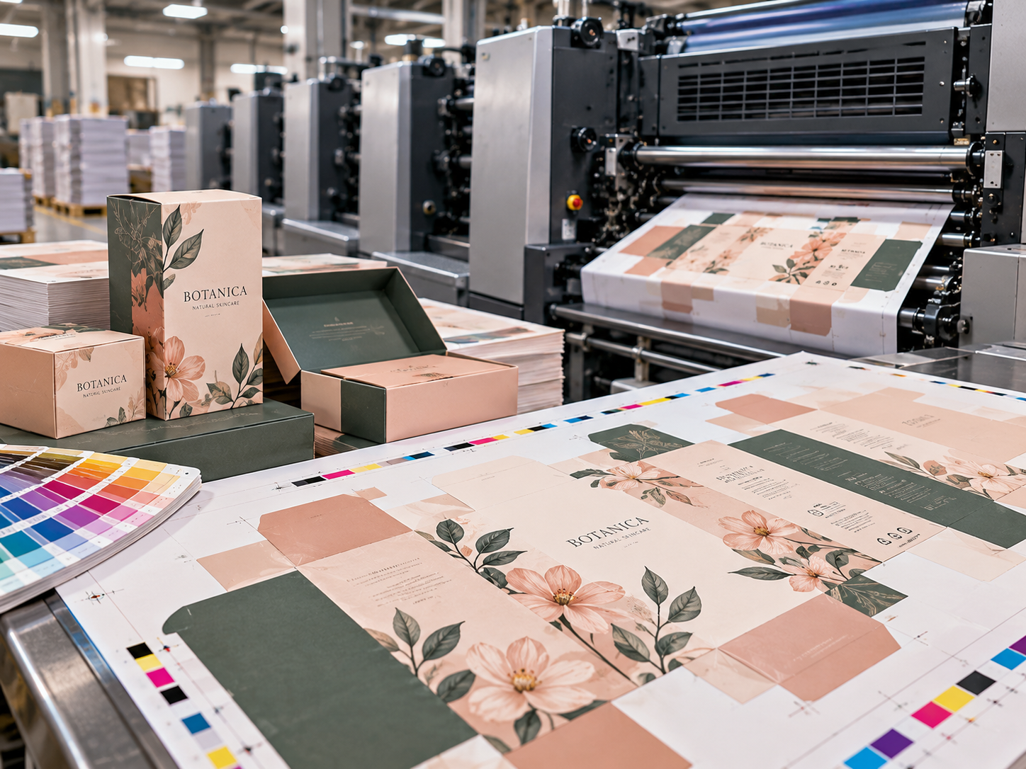 Offset press line with a stack of printed sheets for a bulk packaging order