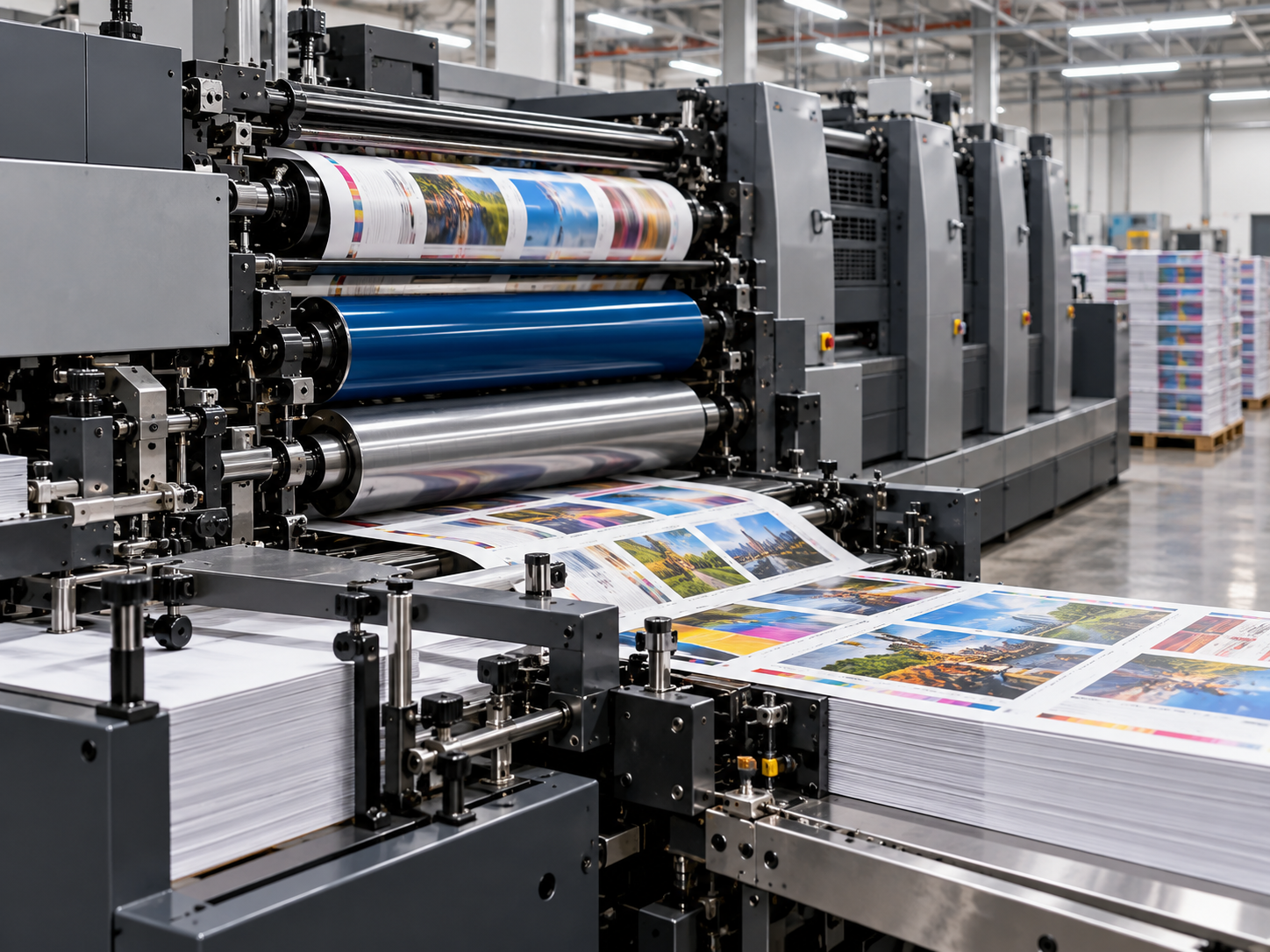 Offset printing press used to print bulk packaging orders