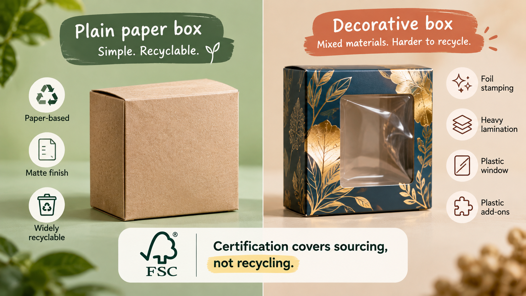 FSC certified paper sourcing compared with recyclability and the effect of finishes on packaging