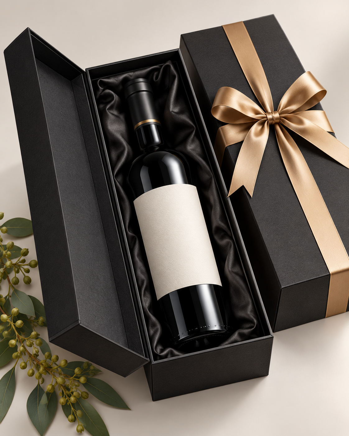 Custom printed wine gift box with a pulp moulded insert holding the bottle in place